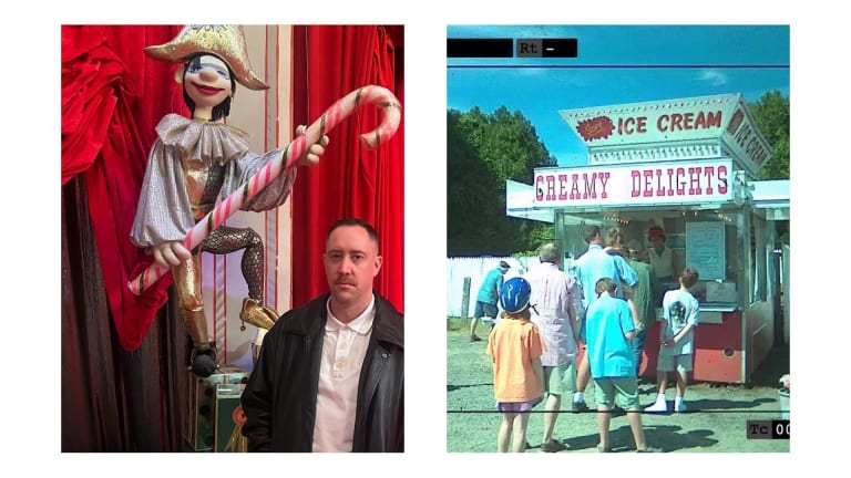 Photo collage. Left: White person wearing blazer and white shirt standing in front of red curtains and statue. Right: crowd stands in front of ice cream store. 