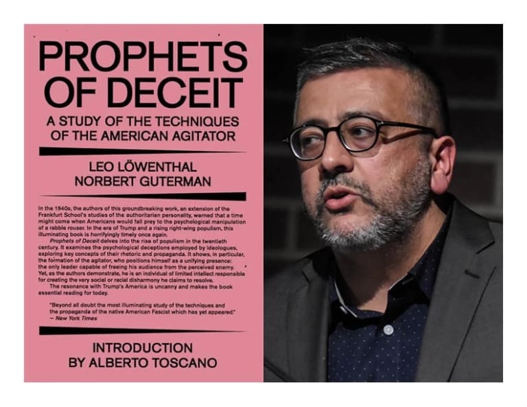 Image of the speaker Samir Gandesha and the book cover of Prophets of Deceit