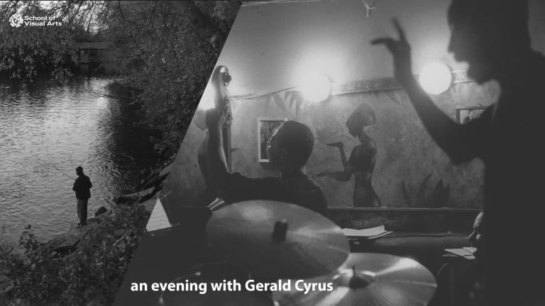 Two black and white images put next to each other with text on top "an evening with Gerald Cyrus"