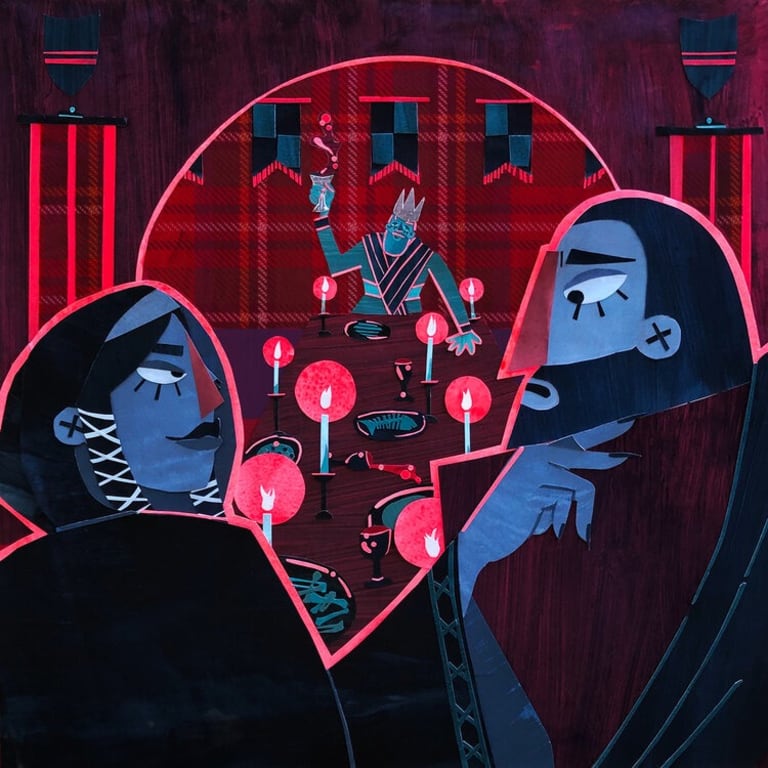Illustration of a man and a woman looking at each other at one end of a long table. In the background, at the other end of the table, a kind holds up a goblet. There are candles lit down the table.