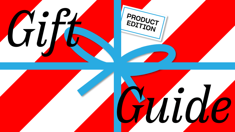 Graphic of a red and white striped gift with a blue bow that reads "Gift Guide: Product Edition." It accompanies an article of giftable items made by SVA alumni