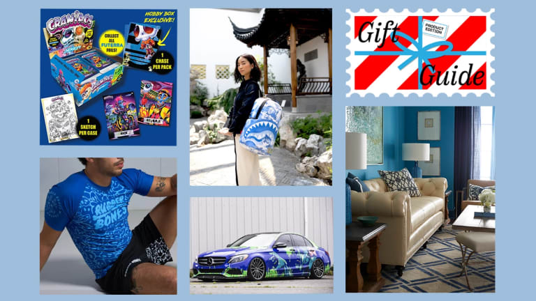 A collage of multiple different products with a blue color scheme, with the words "Gift Guide" in the top right corner