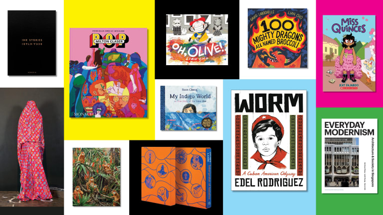 A multi-colored collage image featuring different book covers made by SVA faculty and staff on a tiled background.