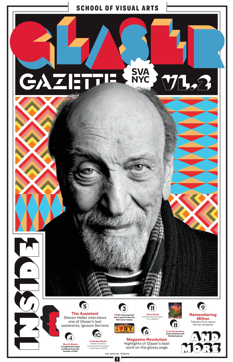 The cover of a newsletter about designer Milton Glaser, featuring a black-and-white photo of Glaser.
