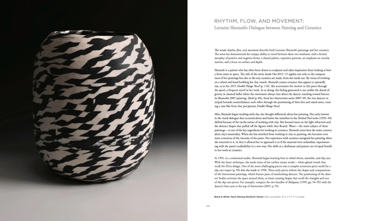 A two-page spread from a book featuring a photo of a ceramic with a complex black and white design on the left page, and the text of an essay on the right side