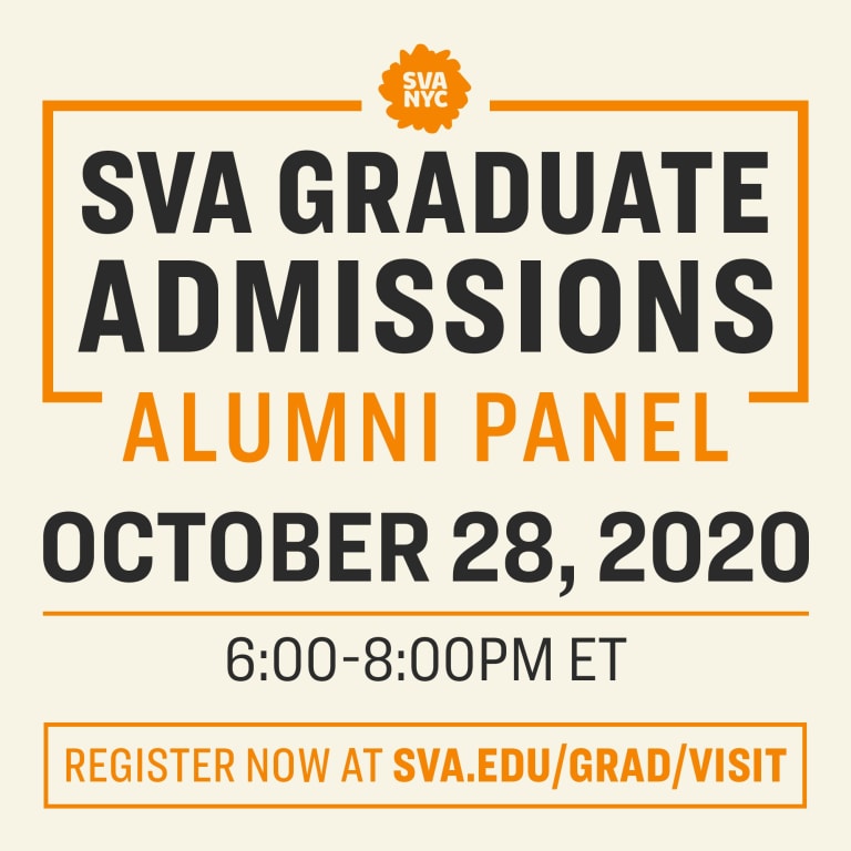 A graphic for the SVA Graduate Admissions Alumni Panel with event details