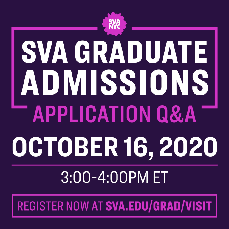 Graphic for SVA Graduate Admissions Application Q&A with event details.