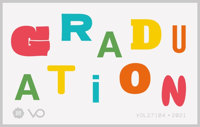 Cover of Vol. 27 Issue 4 of the Visual Opinion. It says "graduation" in colorful scattered block letters