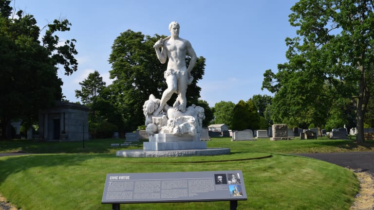 Here is a photo of the allegorical sculpture, Civic Virtue, on view at Green-Wood.