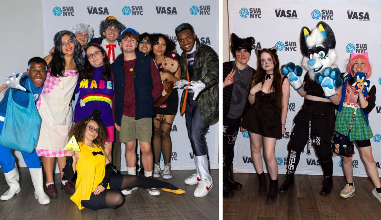 A group of students pose for the camera, all dressed in various Halloween costumes.