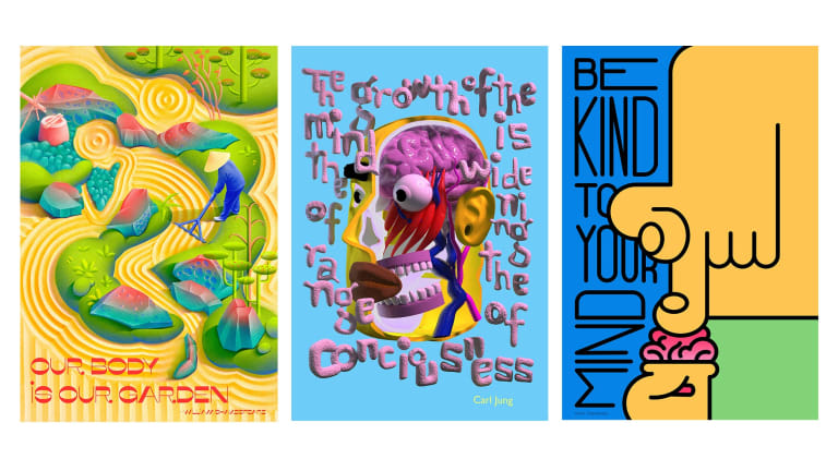 Three posters by BFA Illustration, MFA Illustration as Visual Narrative and BFA Cartooning students that are figurative, have blue and yellow colors. 