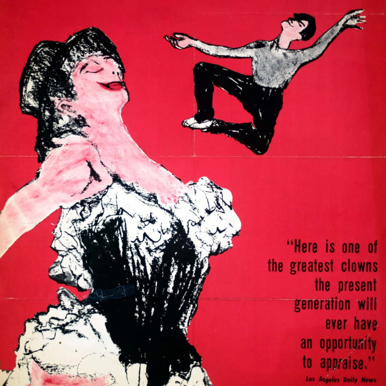 Bright red poster depicting illustrations of a female cabaret dancer and a man. Large white text on top of the image reads "Lotte Goslar's Pantomime Circus in for humans only, with Lotte Goslar, Freddie Albeck & Co" 