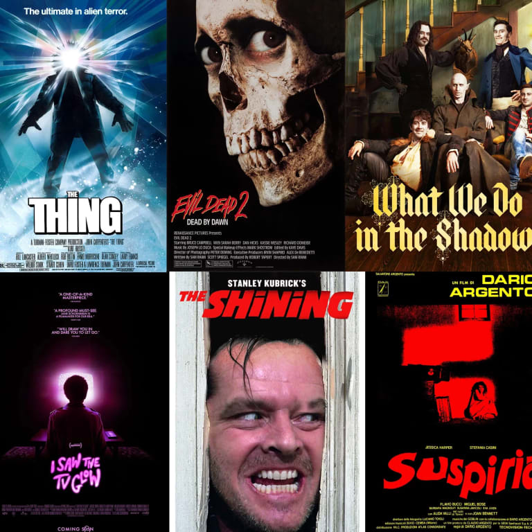 A collage of multiple horror movies, including 'Evil Dead 2' (1987), 'I Saw the TV Glow' (2024), 'The Shining' (1980), 'Suspiria' (1977), 'The Thing' (1982), 'The Wicker Man - Final Cut' (1973), 'Phantom of the Paradise' (1974), 'Mad God' (2021), 'Cube' (1997), and 'What We Do in the Shadows' (2014). 