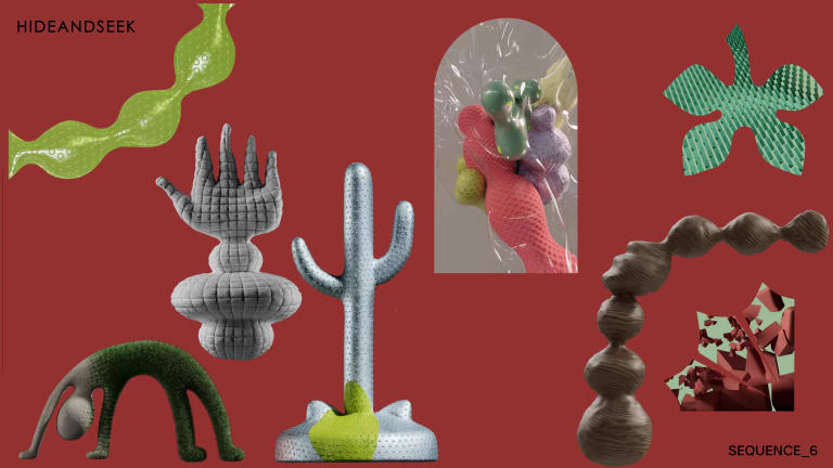 Computer art graphic featuring a cactus, hand, figure doing a wheel pose and other various 3D animated forms.