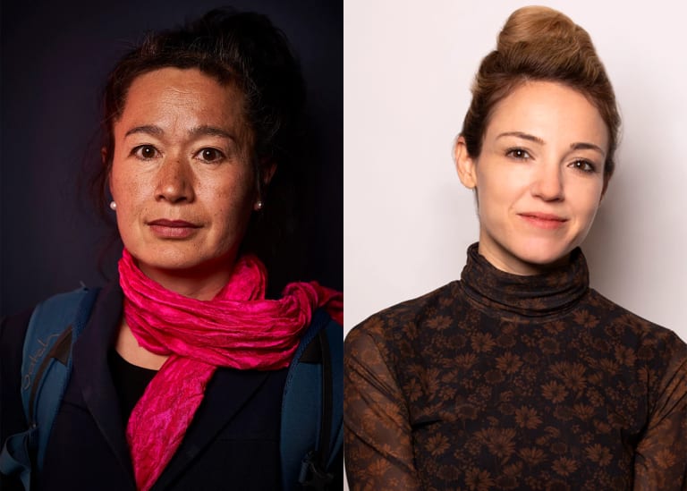Two images left to right: A photo of Hito Steyerl in a pink scarf and blue blazer. A photo of Noam Segal in a dark floral turtleneck.