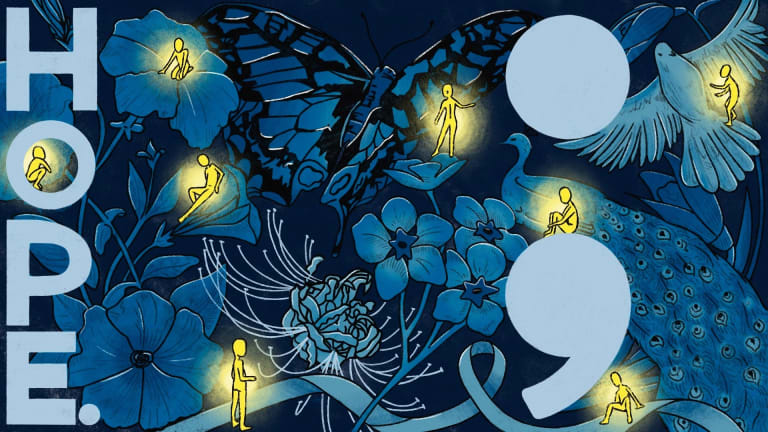 Digitally-rendered poster with "HOPE" on the left, and a night scene of flowers and fireflies.