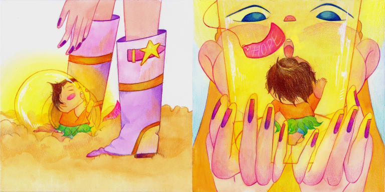 Two glowy, color pencil illustrations in largely yellow and bright tones, with purple details. One of them shows a small child at a woman's feet, and the next one shows a large woman holding the child in her hands close to her face. There is a tag that reads "Hope" coming from the top of the woman's head. 