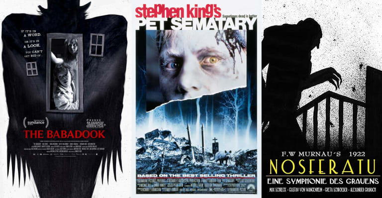 three consecutive horror movie posters: The Babadook, Pet Sematary, and Nosferatu