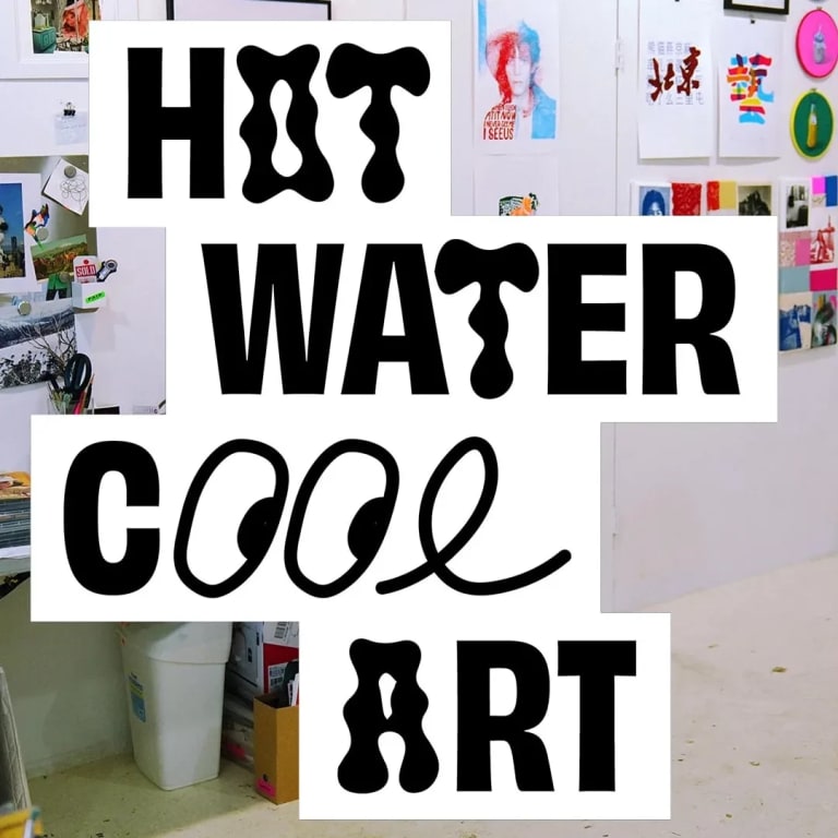 A woman in a black top and a black and white polka-dot skirt leans against a stepladder in an art studio. The words 'Hot Water Cool Art' appear on the left-hand side of the image in a stylized font.