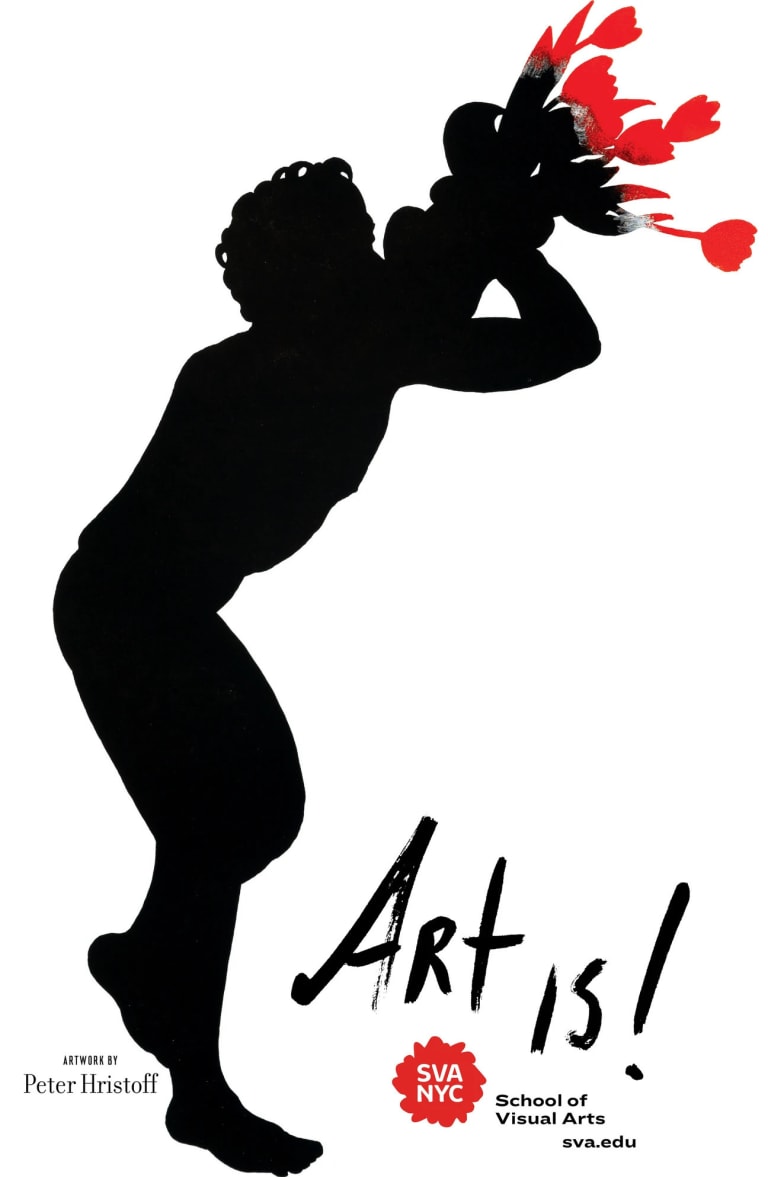 A black silhouette of a man blowing a horn, the end of which transforms into red flowers. Below is the slogan Art Is!