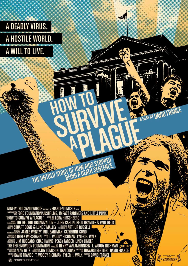 Poster for film How to Survive a Plague, activists with fists raised, sunrise imagery