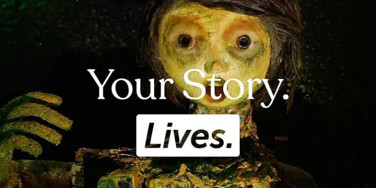 The phrase "Your Story Lives" is overlaid on a painted image of a a person with a surprised look on their face
