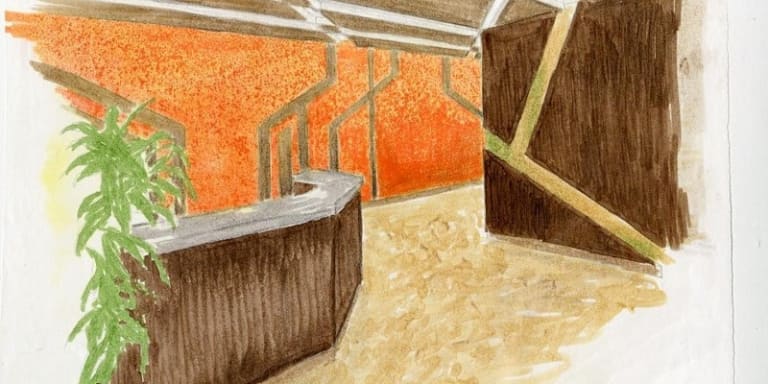 Rendering of an orange corridor with a plant.