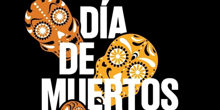 A black graphic with orange and yellow sugar skulls on it weaving in between the words "Dia de Muertos" in white 