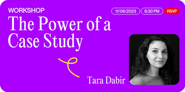 A purple slide with the words "The Power of a Case Study" in white. In the lower right corner is a black and white photo of a woman