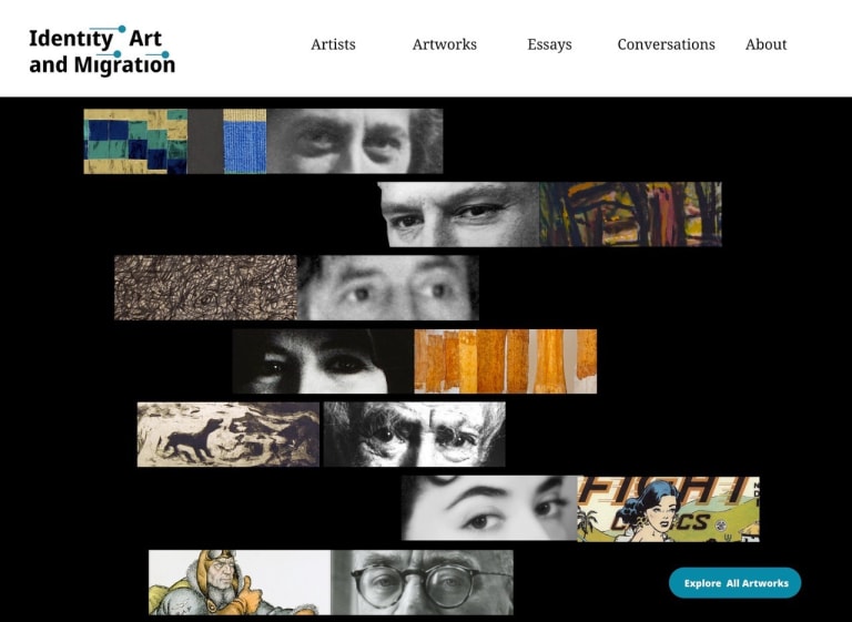 Image of artist eyes and works from refugee artists, and banner with event title