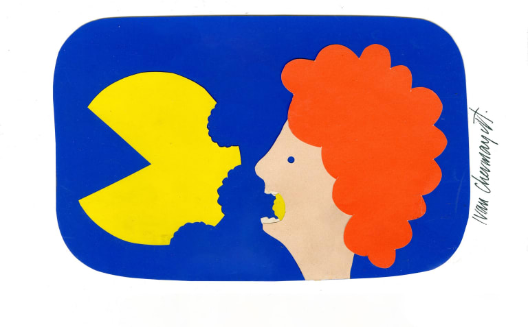 A cut-paper illustration of a person eating Pac Man