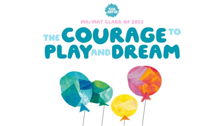 Poster with white background and four balloons, with the words, “The Courage to Plate and Dream.”