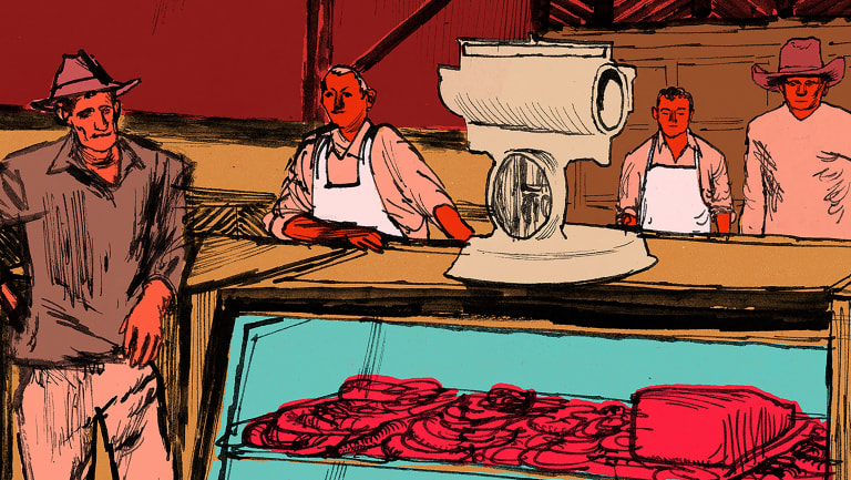 illustration of men in apron standing around and behind a deli counter.