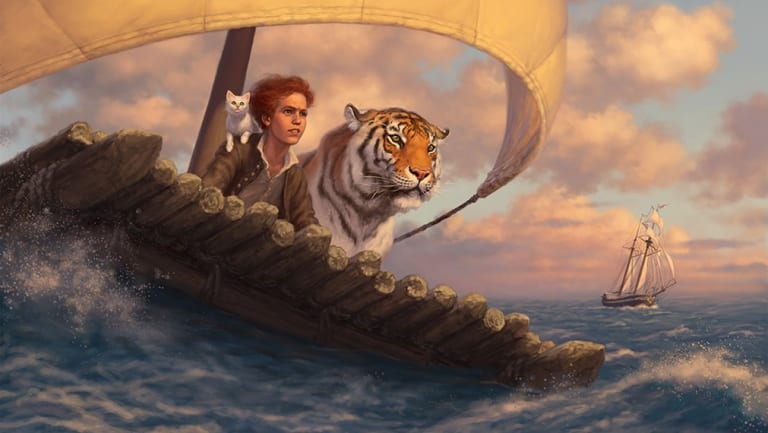 boy and tiger on a raft