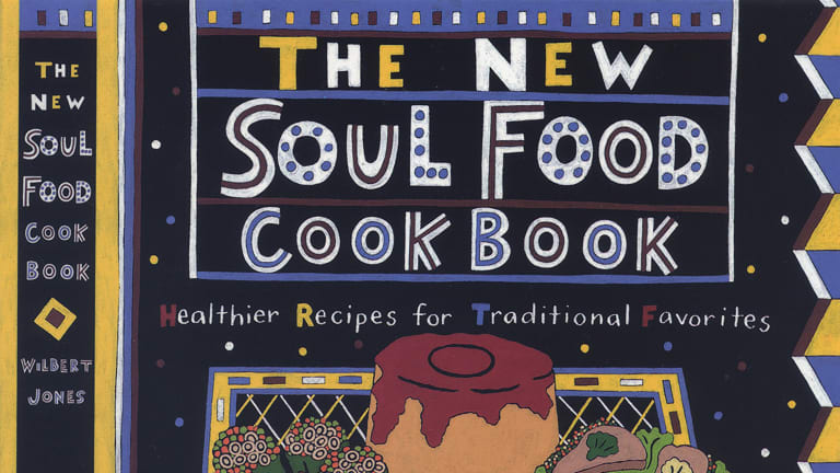 title of a cover of a cookbook with illustrated copy that says "the new soul food cookbook" surrounded by illustrated border designs
