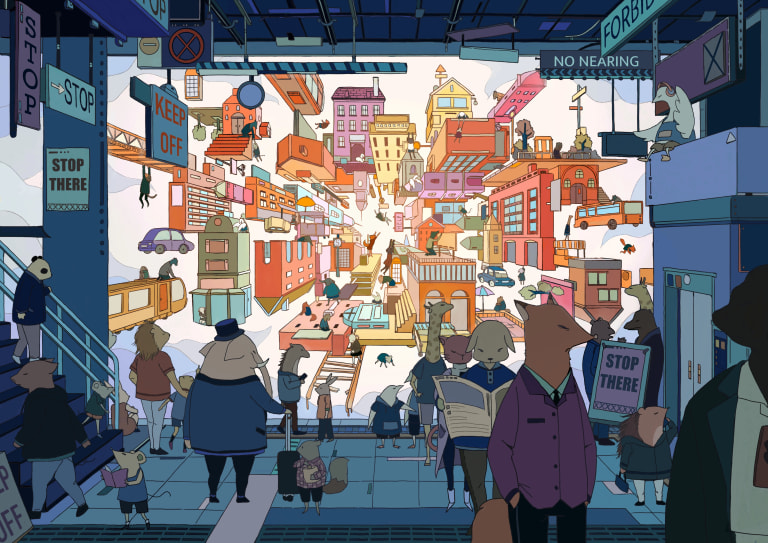 Illustration of surreal multidimensional urban landscape with anthropomorphic animals.