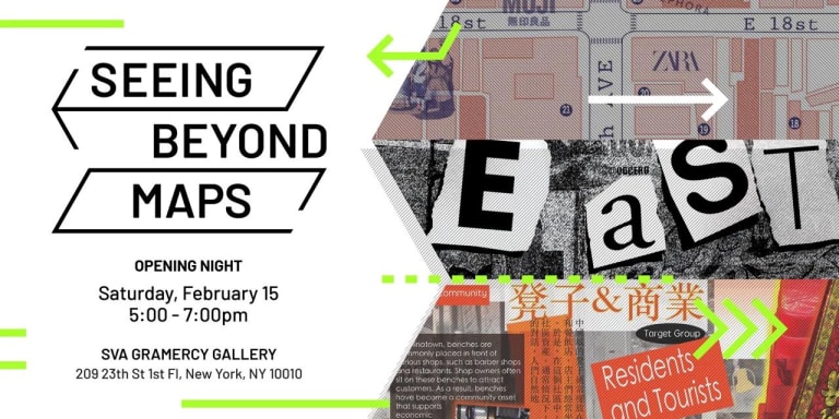 a graphic featuring exhibition title and information in black on a white background that reads "seeing beyond maps" and a collage of art on the right of the graphic