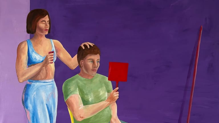 Painting of person standing cutting the hair of seated person