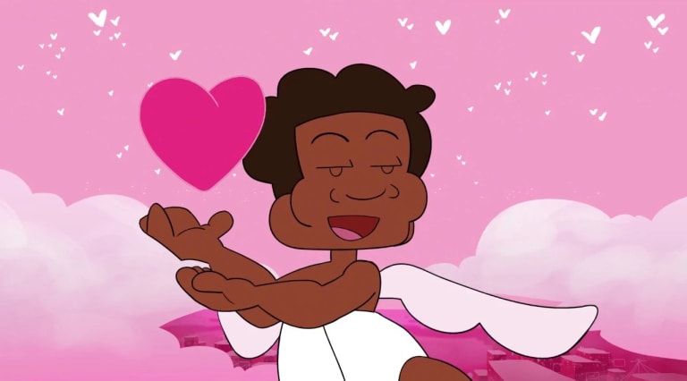 Animation still depicting a cupid holding a cartoon heart floating over his hand. The scene is mostly pink tones. 