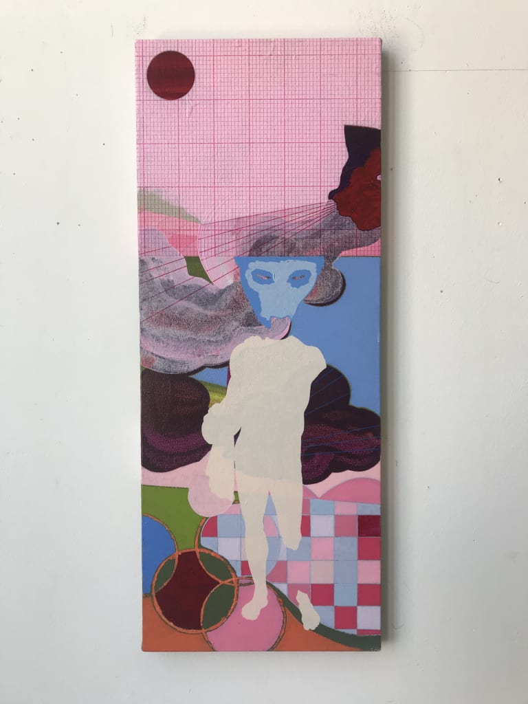 A painting of an amorphous cloudy white humanoid figure with an inverted triangular blue head, standing in an abstract pink and maroon landscape