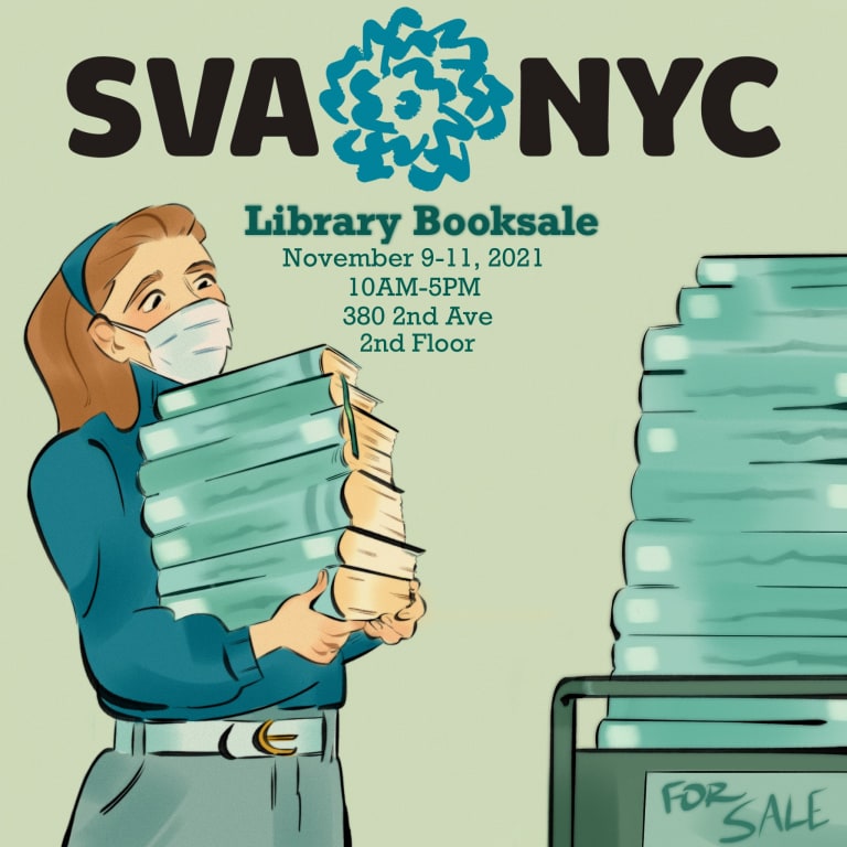 Illustrated poster featuring a girl carrying a stack of books on a green background.