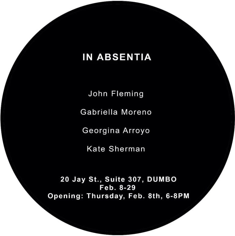 Exhibition announcement with the title, artists’ names, and venue information in white sans serif letters inside a black circle