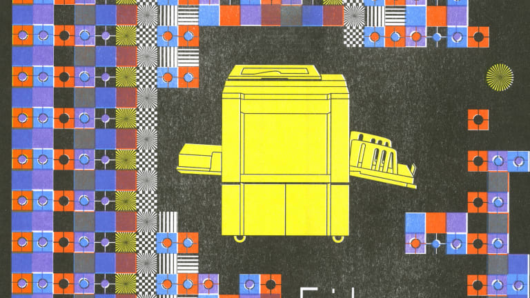 A print of a big, yellow office copy machine. It is surrounded by a haphazard pattern of colored squares