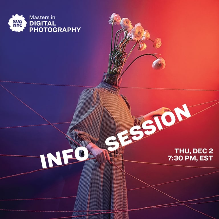 Promo image for information session using work by our Alumna Congying Miao. A person in a dress with flowers for a head feeling their way through space by holding on to ropes that are stretched in various directions. Text promoting the event is layered on top of the image.  
