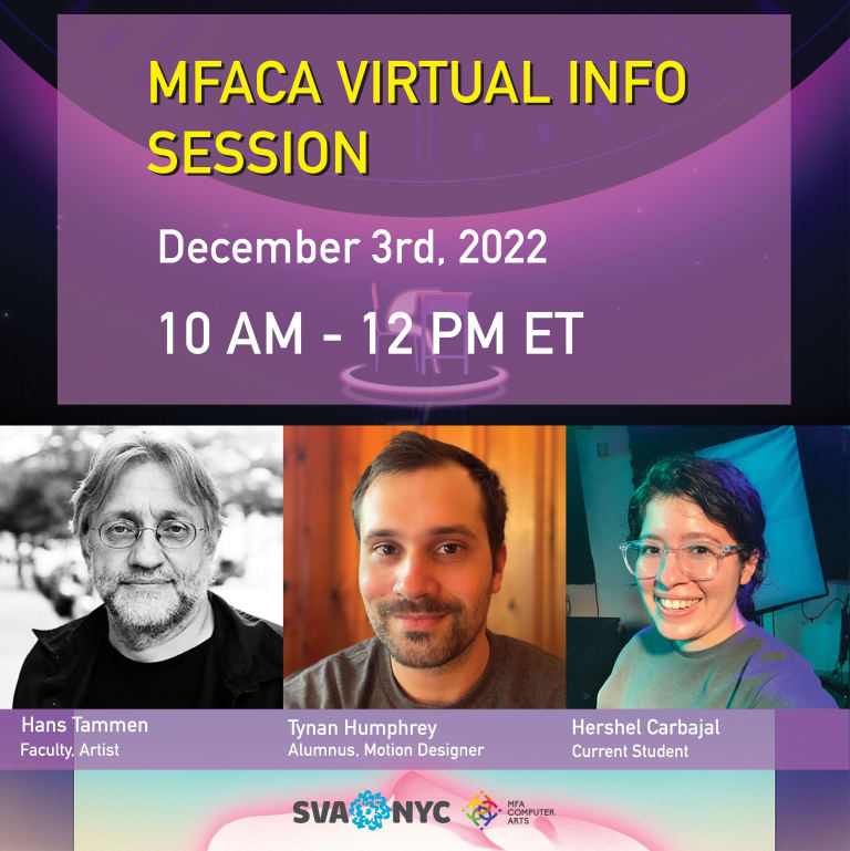 Purple graphic with headshots of three individuals, on the top it reads "MFACA Virtual Info Session"