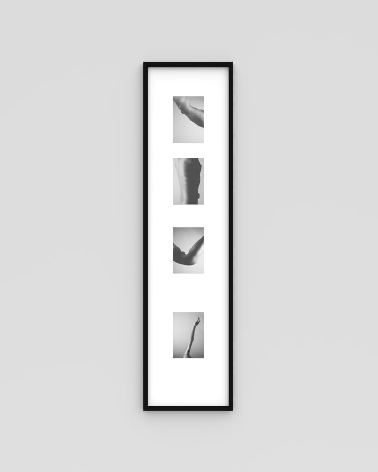 Four matted black and white photographs arranged in a vertical column, each showing a close-up  view of a body part with a medical sensor attached