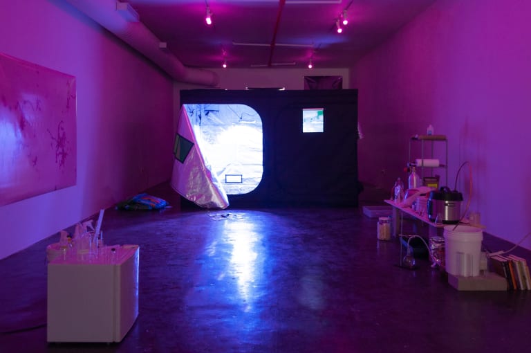 An installation in a dark gallery space with purple lights