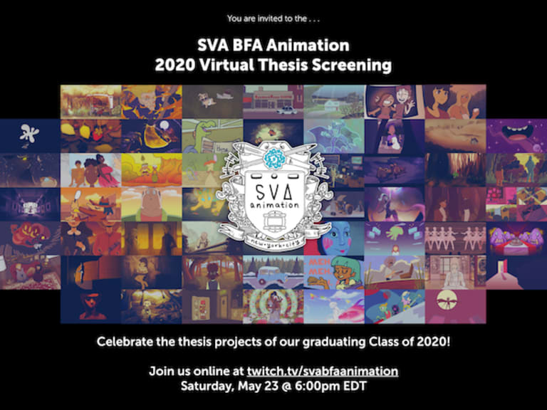 A collage of screenshots from animated films. A crest that says "SVA Animation" is at the middle