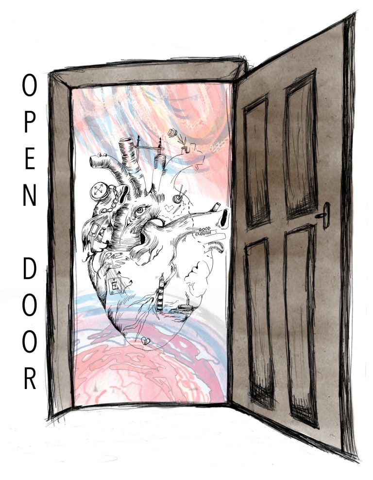 Illustration of a brown open door leading to pink and blue swirls and the outline of an anatomical heart. On the far left is text "Open Door," displayed vertically.