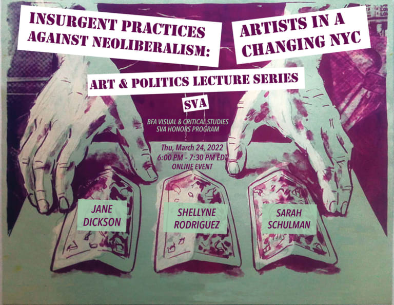 Poster with the event title and participants’ names superimposed over a purple and white print of hands cards in a Three-card Monte setup